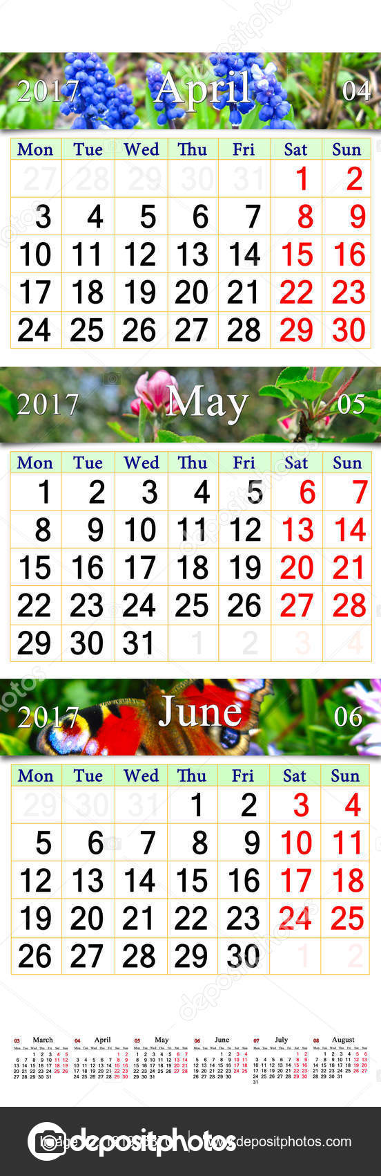 Calendar for April May June 2017 with natural pictures — Stock Photo ...