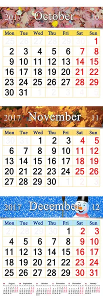 Kalender für Oktober November und Dezember 2017 mit farbigen Bildern — Stockfoto