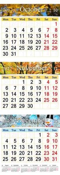 10 月的日历 11 月和 12 月 2017 与彩色图片 — 图库照片