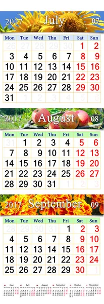 Calendar for July August September 2017 with three colored images — Stock Photo, Image