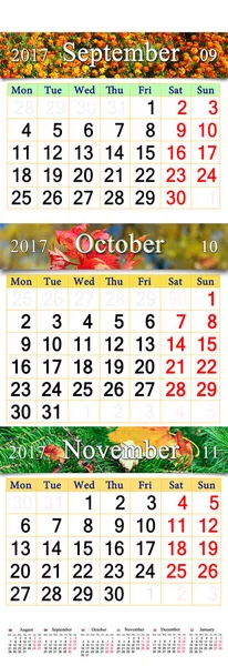 Calendar for autumnal months 2017 — Stock Photo, Image