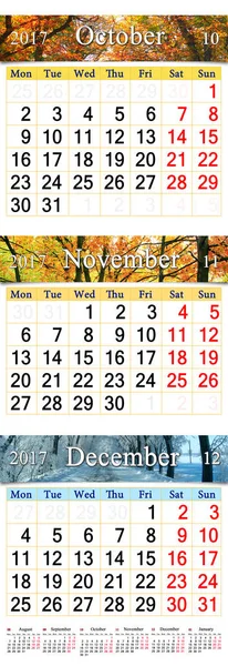 Ekim Kasım ve Aralık 2017 takvim şeklinde renkli resimlerle — Stok fotoğraf