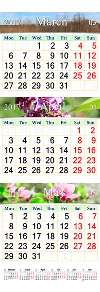 Dreifachkalender für März April und Mai 2017 mit Frühlingsbildern — Stockfoto