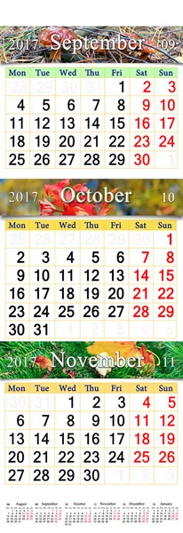 Kalender för oktober November och December 2017 med färgade bilder — Stockfoto