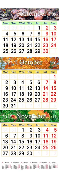 Kalenderblatt für September Oktober November 2017 mit farbigen Bildern — Stockfoto