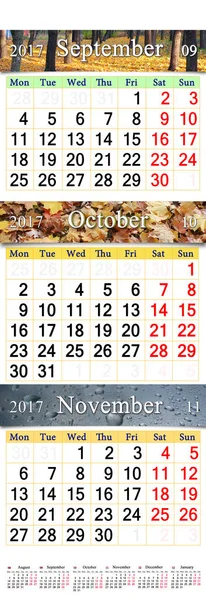 Calendario settembre ottobre novembre 2017 con immagini a colori — Foto Stock