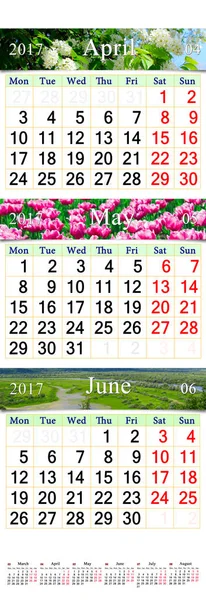 Dreifachkalender für April und Juni 2017 mit Bildern — Stockfoto