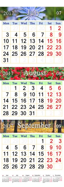 Kalender för juli augusti September 2017 med tre färgade bilder — Stockfoto