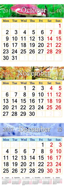 Oktober November und Dezember 2017 mit farbigen Bildern in Kalenderform — Stockfoto