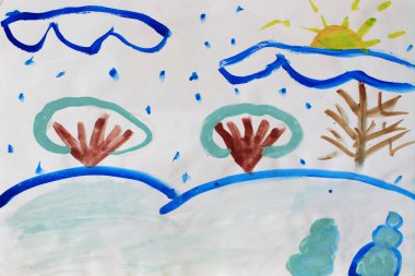 Çalılar karlı tepeleri ve kar yağışı üzerinde duran çocuk çizimi