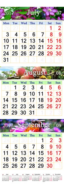 Kalender för juli augusti September 2017 med tre färgade bilder — Stockfoto