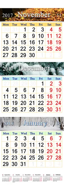Novembro Dezembro de 2017 e janeiro de 2018 com imagens coloridas em forma de calendário — Fotografia de Stock