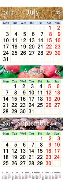 Calendário para julho agosto setembro 2017 com três imagens coloridas — Fotografia de Stock