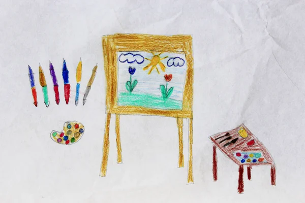Dibujo infantil de cepillos de caballete y dibujo —  Fotos de Stock