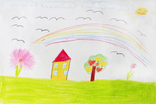 Childish drawing of house tree and rainbow — Stock Photo, Image