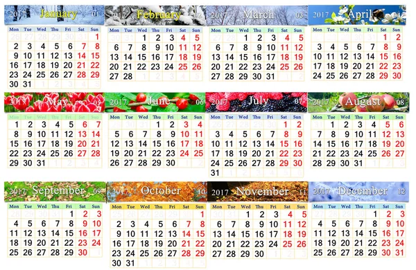 Calendario 2017 in inglese con dodici foto della natura — Foto Stock