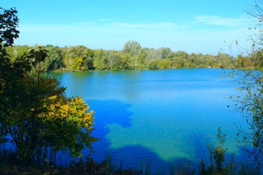 Ormanın içinde mavi su ile güzel göl