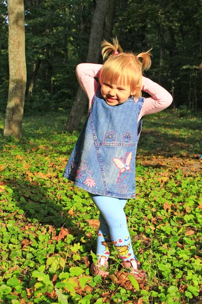 Bonito bebé con hermosas trenzas juega el parque —  Fotos de Stock