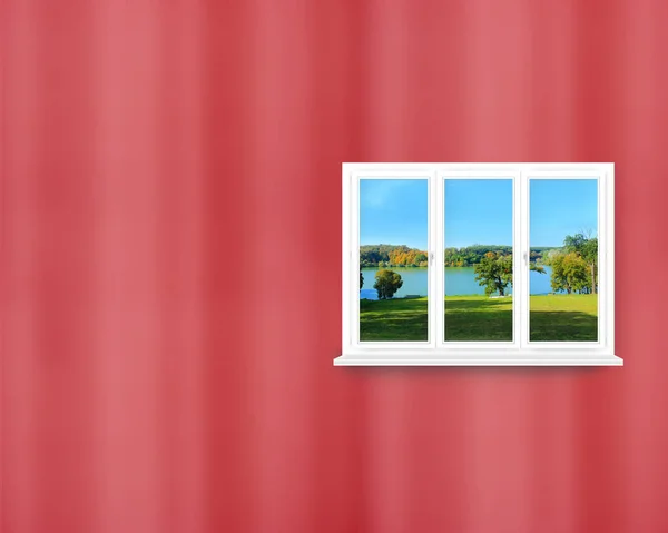 Window in modern room with panoramic view to forest lake — Stock Photo, Image