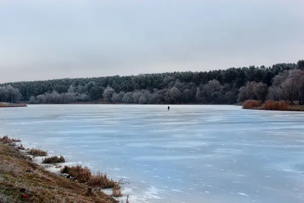 Skating rink on a winter frozen lake in the forest — Stock Photo, Image
