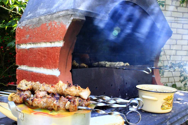 Kochen von Schaschlik auf dem Kohlenbecken — Stockfoto