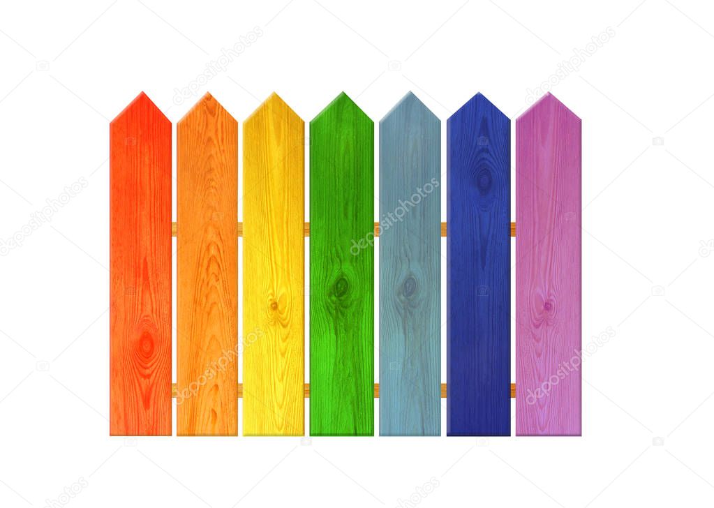 Multicolored wooden fence from colors of rainbow isolated