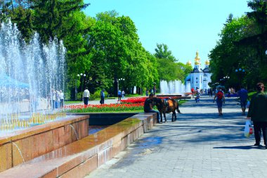 İnsanlar çiçek yatak ve çeşmeler ile parkta yürüyüş