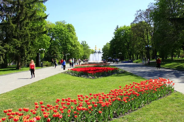 Люди ходят по парку с клумбами и фонтанами — стоковое фото
