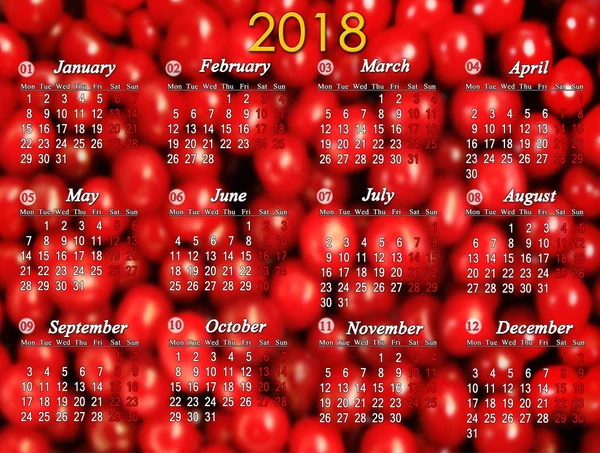 Calendar for 2018 on the red cherry background — Stock Photo, Image