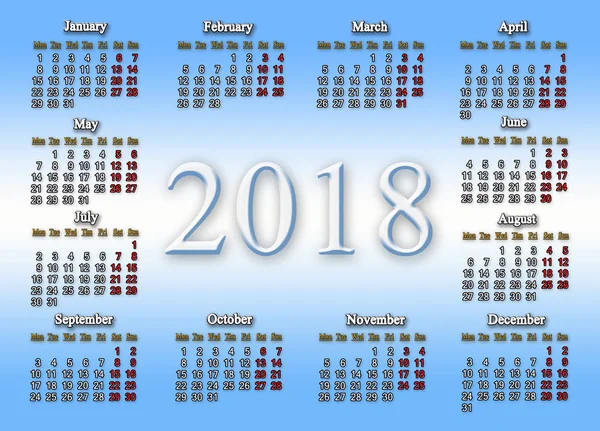 Kalendář pro rok 2018 na bílé modré gradientní pozadí — Stock fotografie
