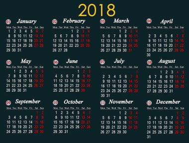 Takvim için siyah arka plan üzerine 2018