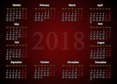 2018 bordo arka planda için takvim