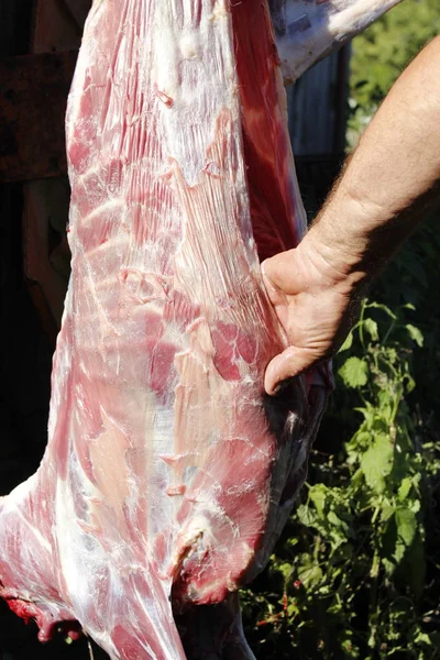 Person cuts meat of a goat — Stock Photo, Image