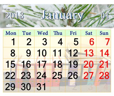 takvimi Ocak 2018 karlı çam dalları ile için