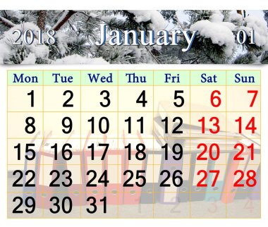 takvimi Ocak 2018 karlı çam dalları ile için