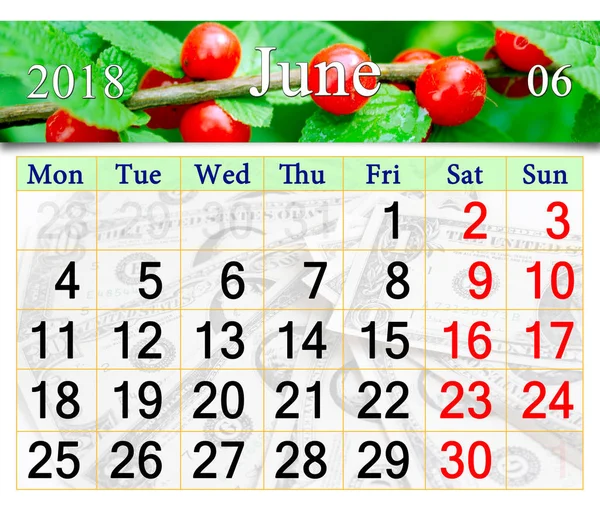 Kalendarz dla czerwca 2018 r. z czerwone jagody Prunus tomentosa — Zdjęcie stockowe