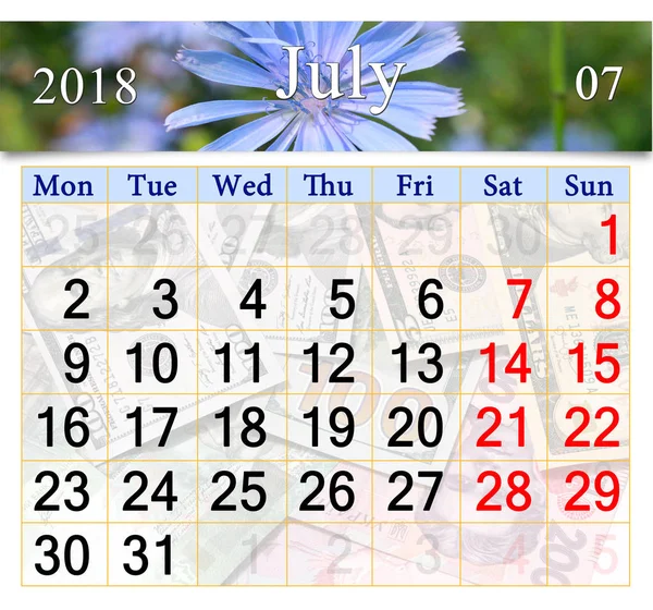 Calendario para julio 2018 con flores de Cichorium — Foto de Stock