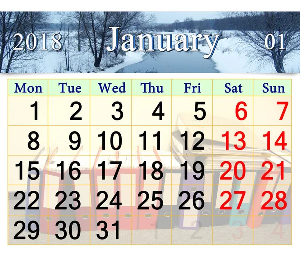 Календарь на январь 2018 года с зимней рекой — стоковое фото