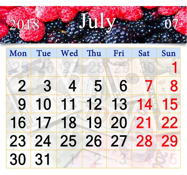 Calendario per luglio 2018 con immagine di lampone rosso e nero — Foto Stock
