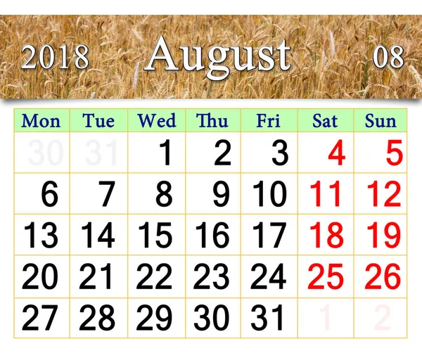 Calendário para agosto de 2018 com campo de trigo — Fotografia de Stock