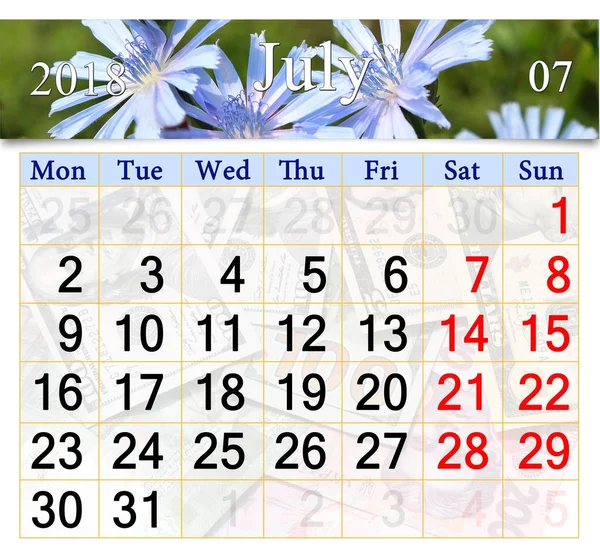 Kalendář na červenec 2018 s květinami Cichorium — Stock fotografie