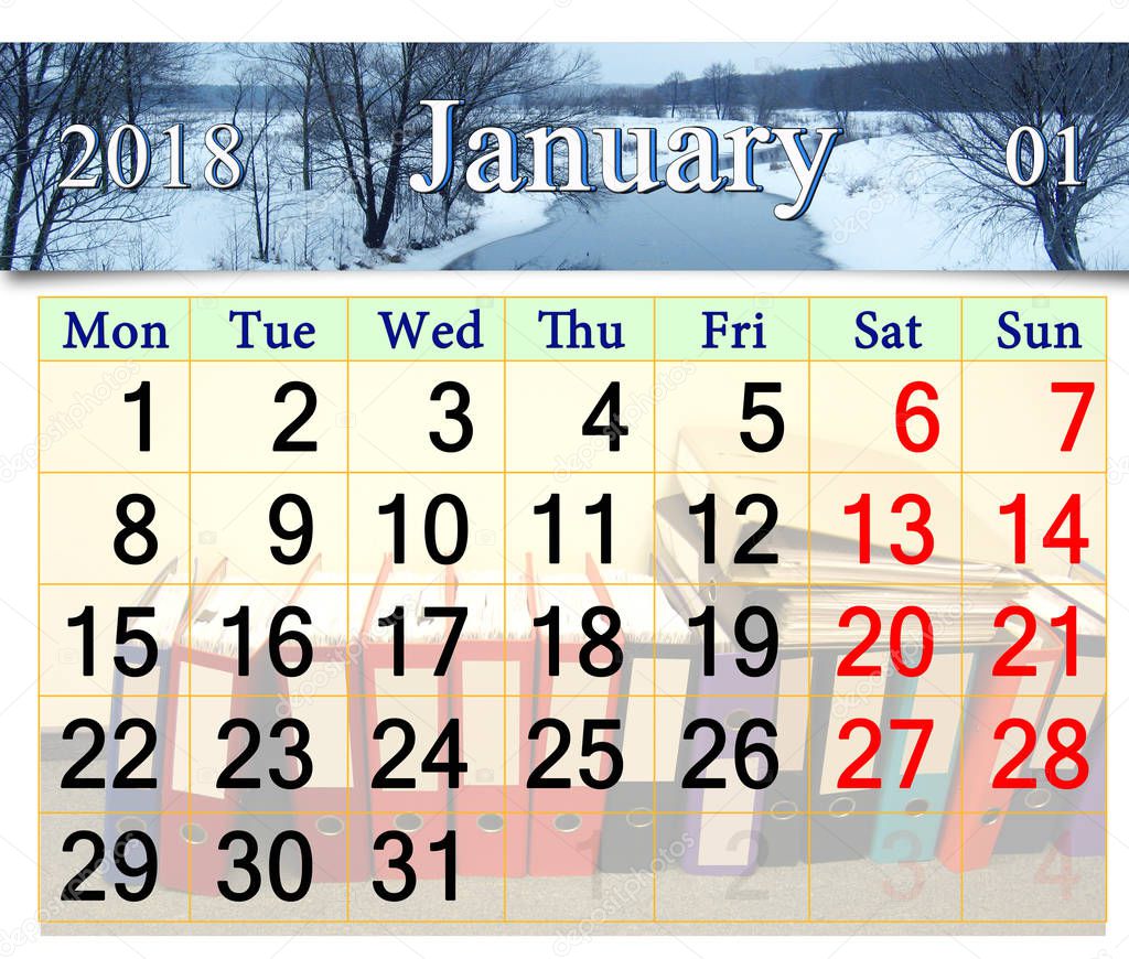 calendar for January 2018 with winter river