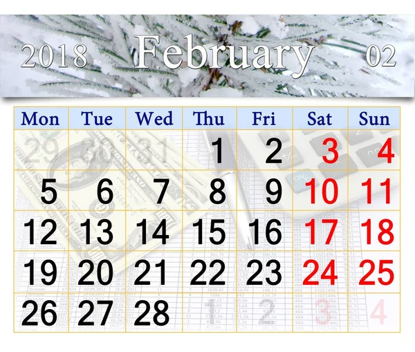 Kalender voor februari 2018 met besneeuwde pijnboomtakken — Stockfoto