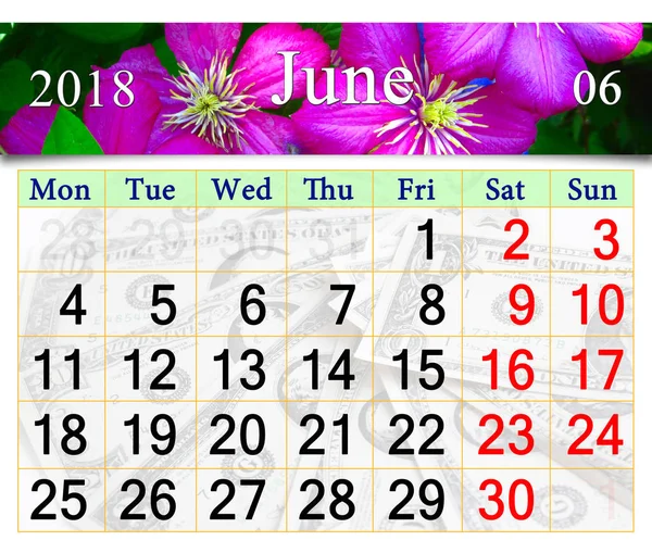 Calendar for June 2018 with image of clematis — Stock Photo, Image