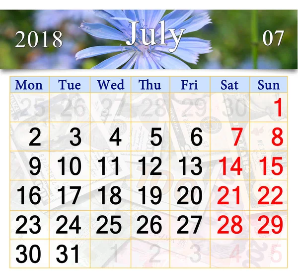 Kalendarz dla lipca 2018 z kwiatami Cichorium — Zdjęcie stockowe