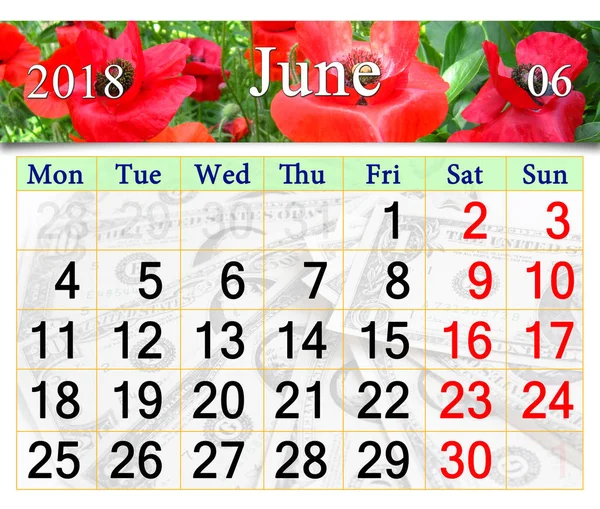Calendar for June 2018 with image of poppies — Stock Photo, Image
