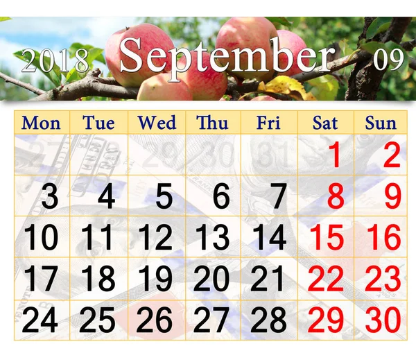Calendar for September 2018 year with apples on the branch — Stock Photo, Image