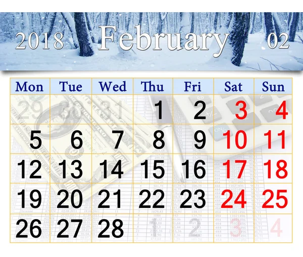 Kalender för februari 2018 med vinterlandskap — Stockfoto