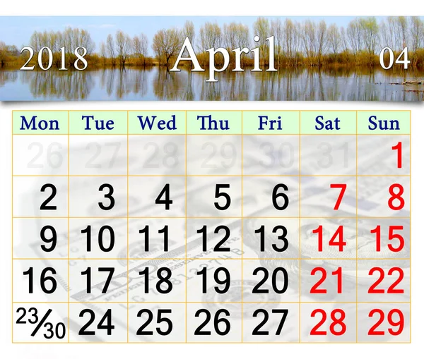 Kalendarz dla kwietnia 2018 z obrazu wiosna powodzi — Zdjęcie stockowe
