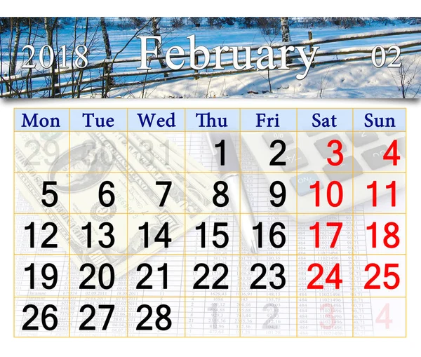 Calendar for February of 2018 with winter landscape — Stock Photo, Image